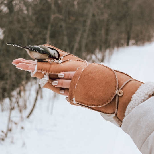 100% Upcycled Leather & Sherpa Fur Flip Top Winter Mittens