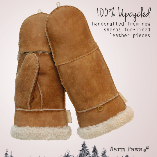 100% Upcycled Leather & Sherpa Fur Flip Top Winter Mittens