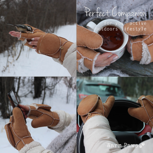 100% Upcycled Leather & Sherpa Fur Flip Top Winter Mittens